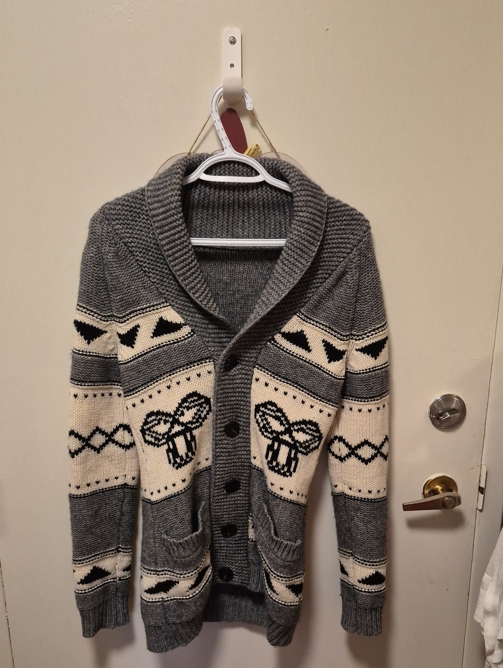 TNA Gray and Cream Shawl Collar Button-Up Cardigan